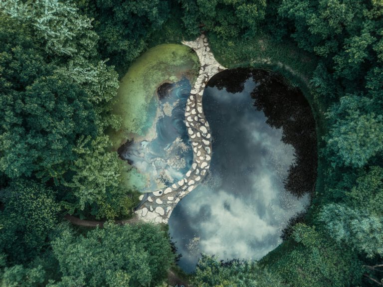 Aerial photograph showing a serene yin yang-shaped pond surrounded by lush greenery.