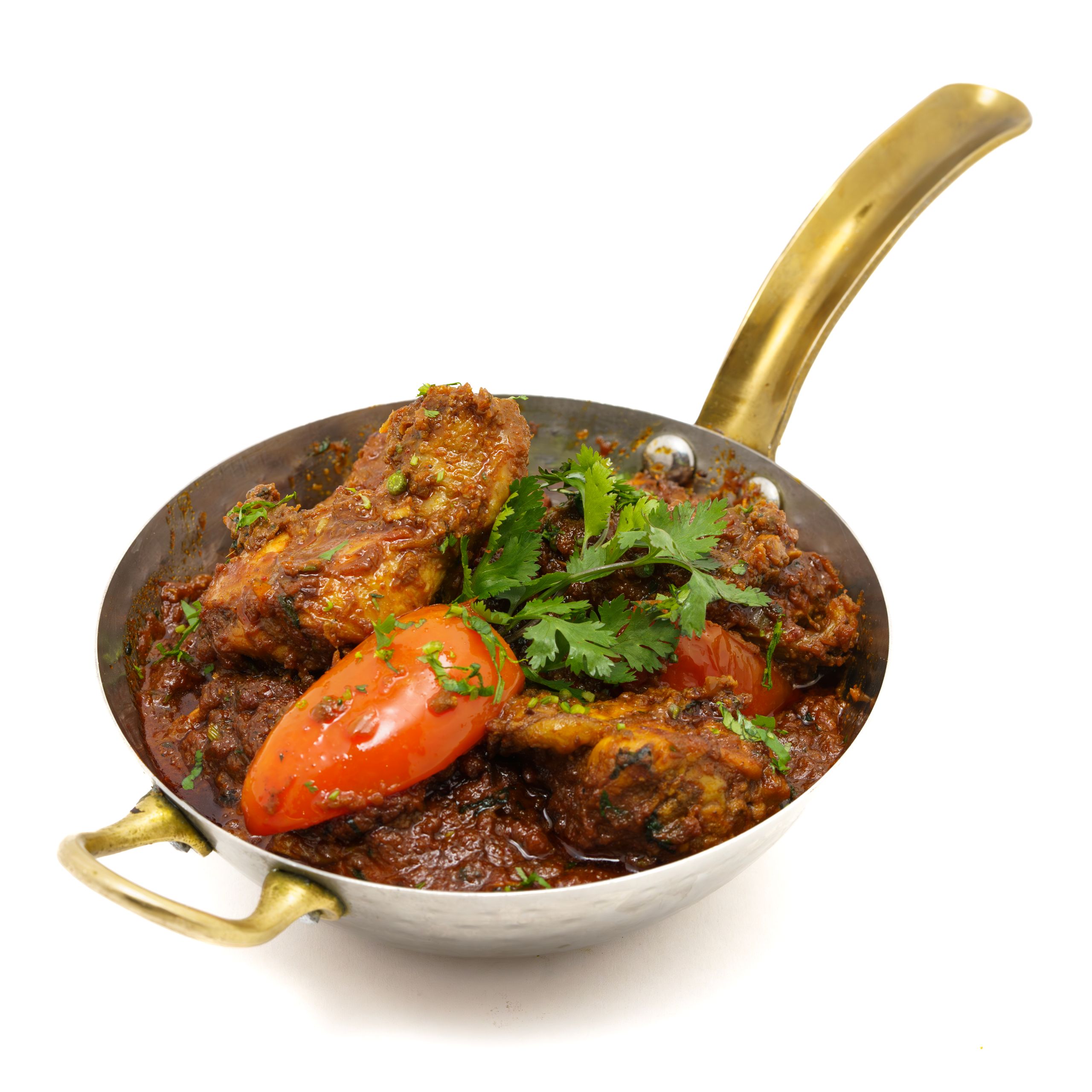 Delicious spicy chicken curry served in a traditional Indian kadai, garnished with cilantro.